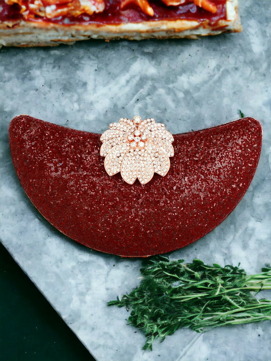 Red & Gold Embellished Half Moon Clutch