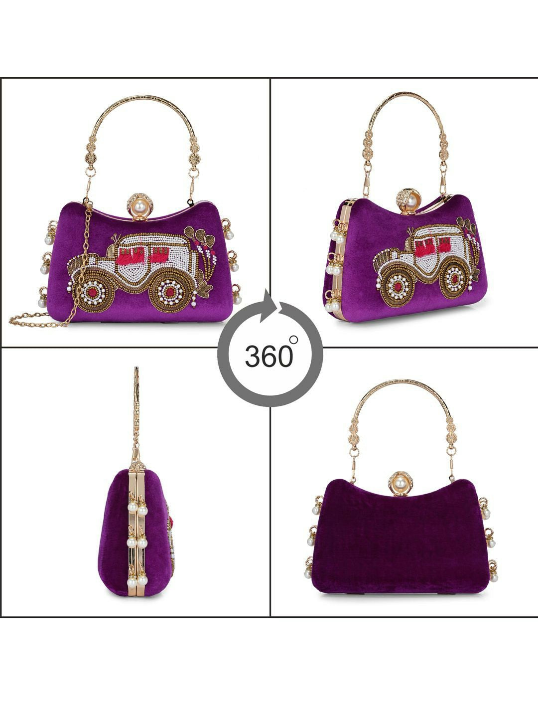 Purple & Gold Embellished Box Clutch with Shoulder Strap