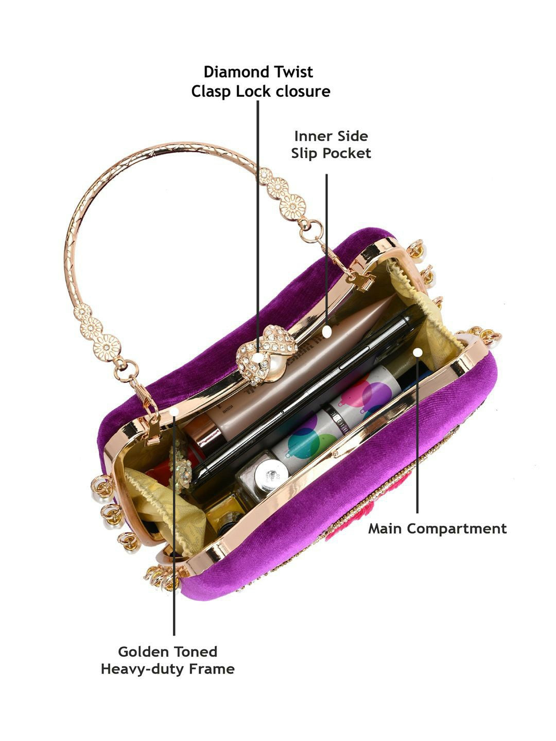 Purple & Gold Embellished Box Clutch with Shoulder Strap