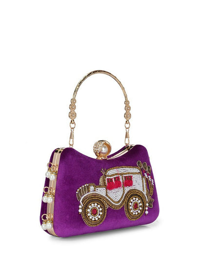 Purple & Gold Embellished Box Clutch with Shoulder Strap