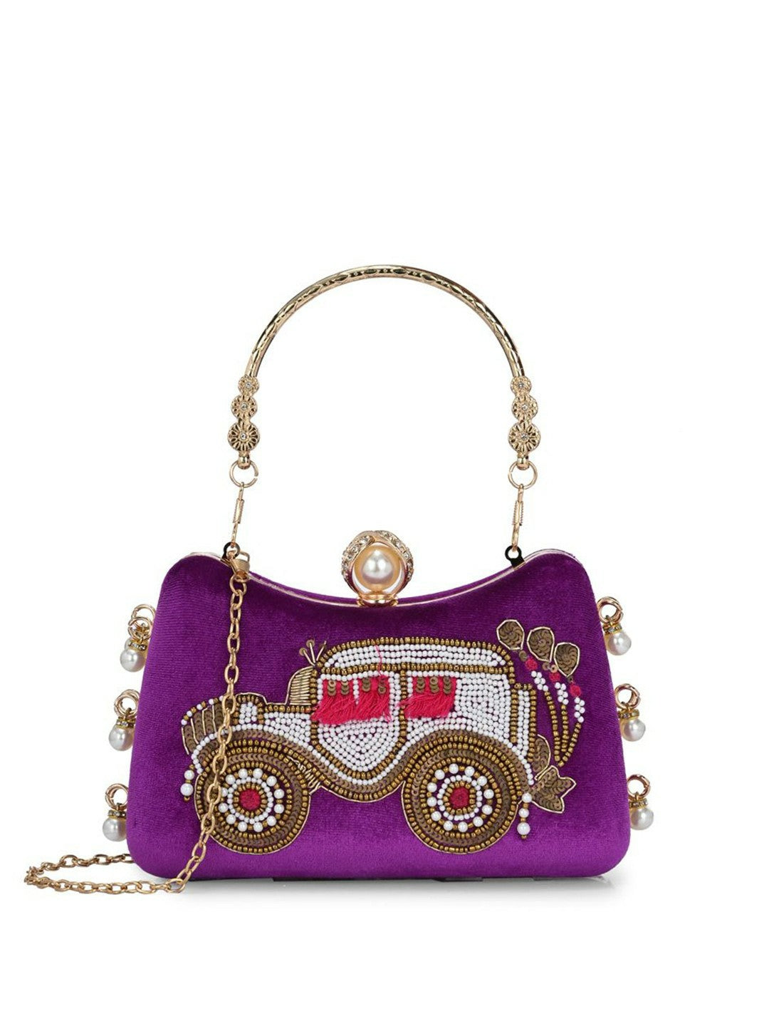 Purple & Gold Embellished Box Clutch with Shoulder Strap