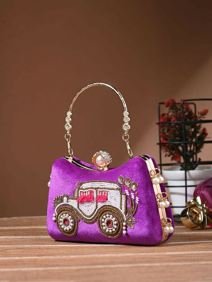 Purple & Gold Embellished Box Clutch with Shoulder Strap