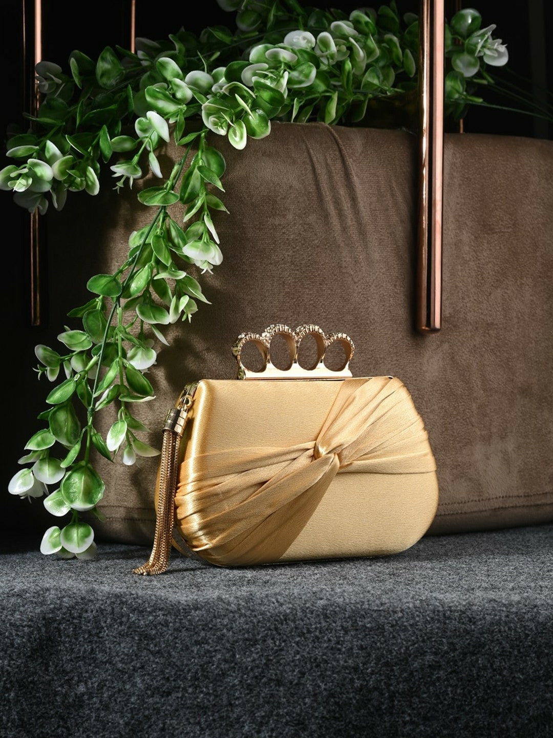 Gold Embellished Box Clutch with Shoulder Strap