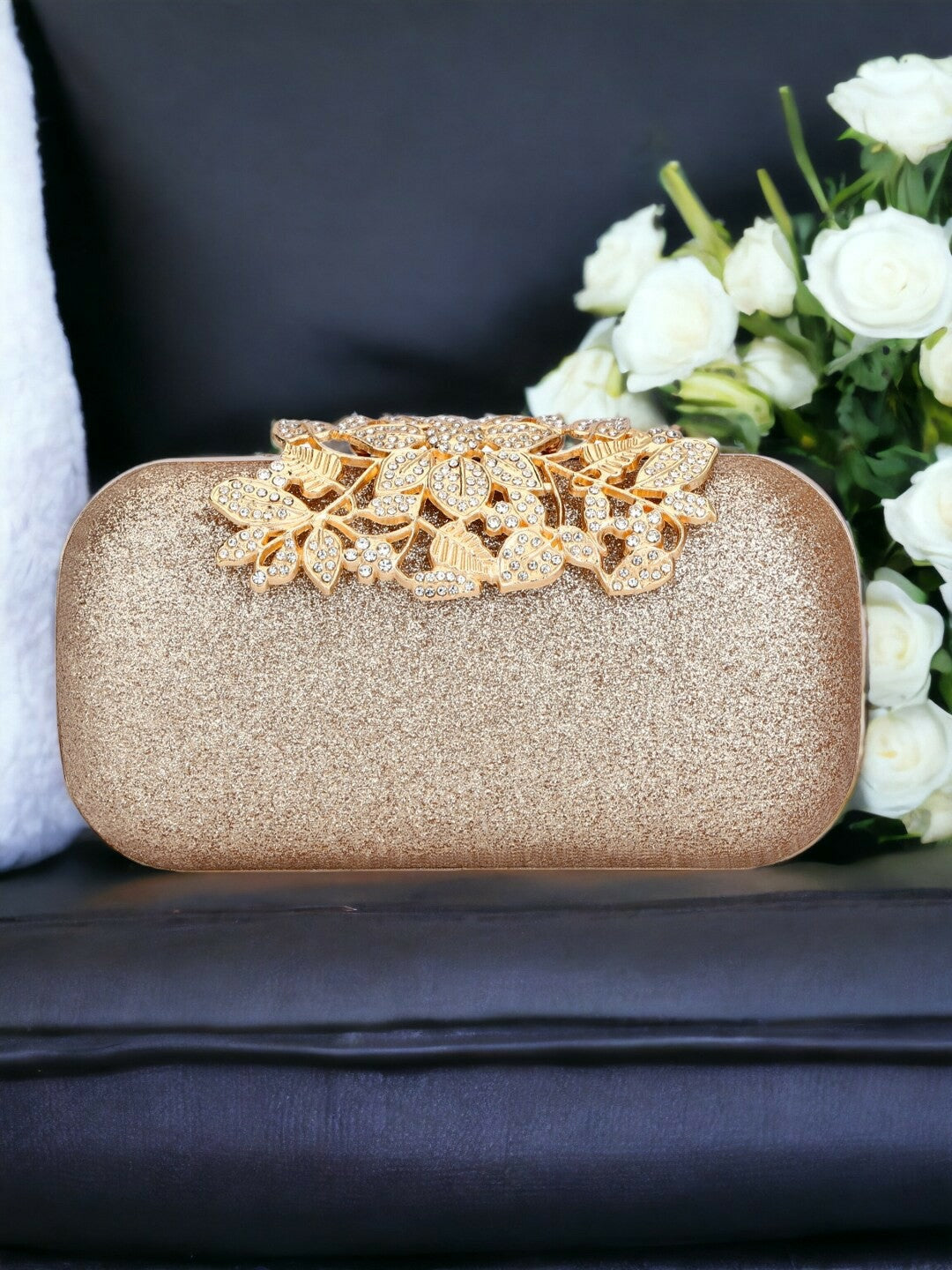 Gold Embellished Box Clutch with Shoulder Strap