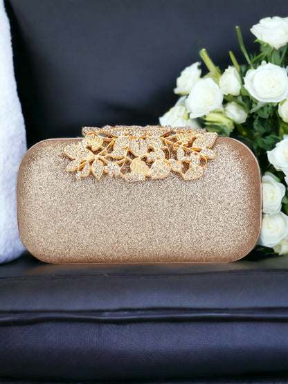 Gold Embellished Box Clutch with Shoulder Strap