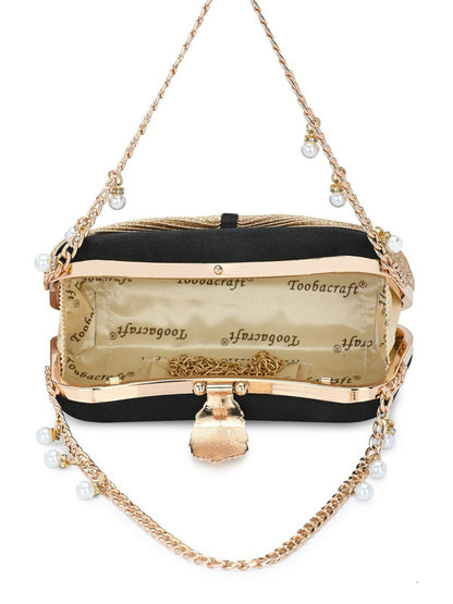 Gold & Black Embellished Box Clutch with Wrist Loop