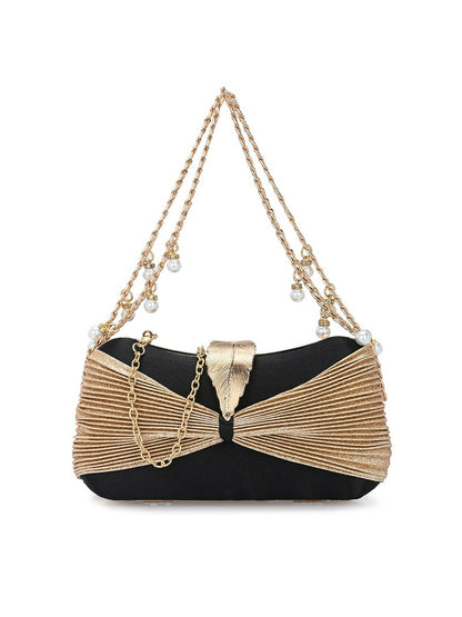 Gold & Black Embellished Box Clutch with Wrist Loop