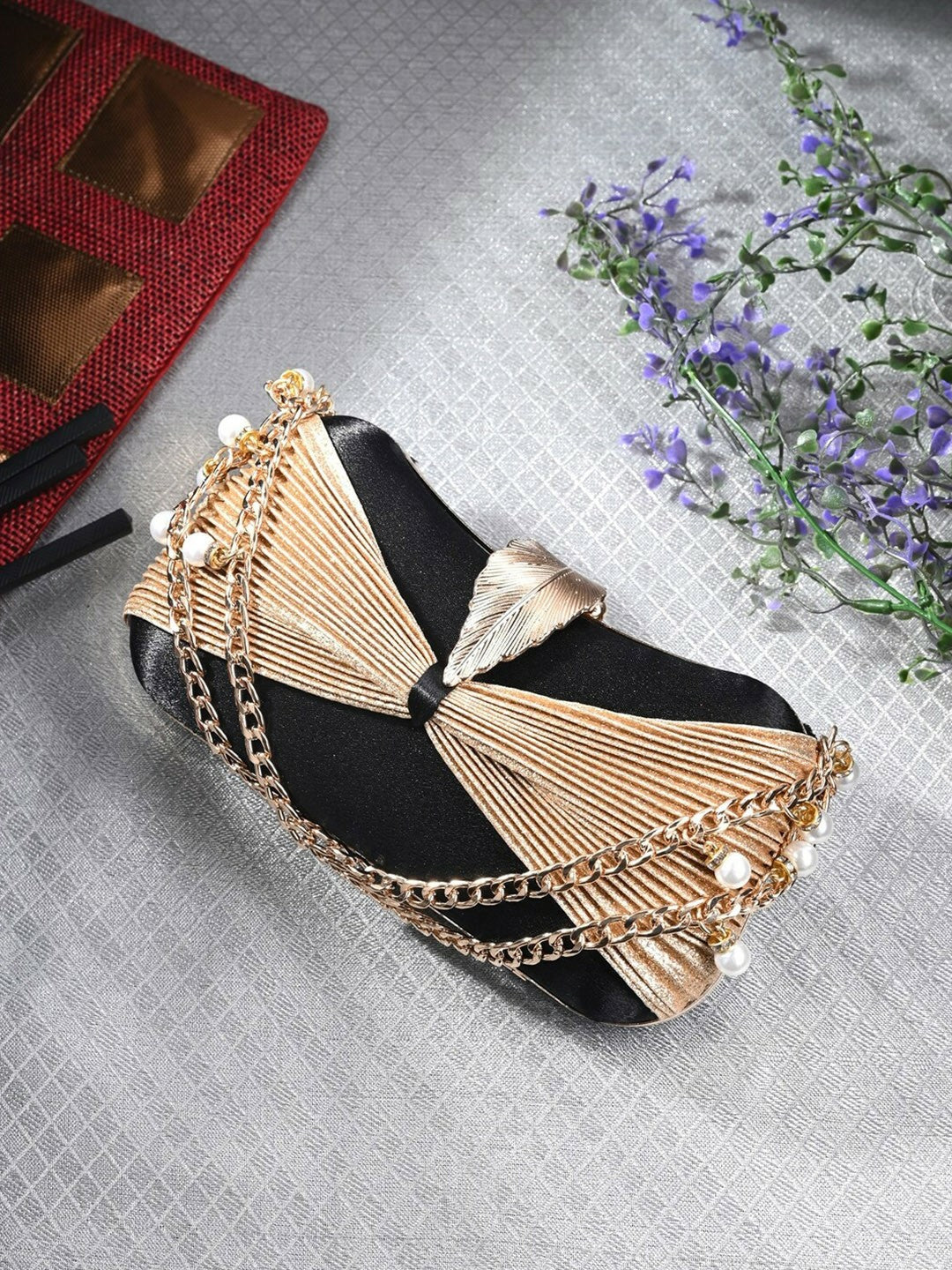 Gold & Black Embellished Box Clutch with Wrist Loop