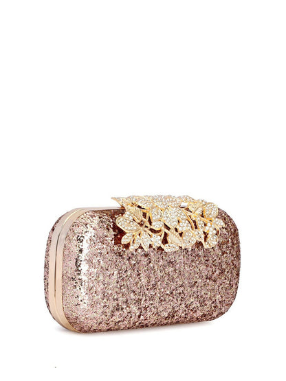 Rose Gold Embellished Box Clutch with Shoulder Strap