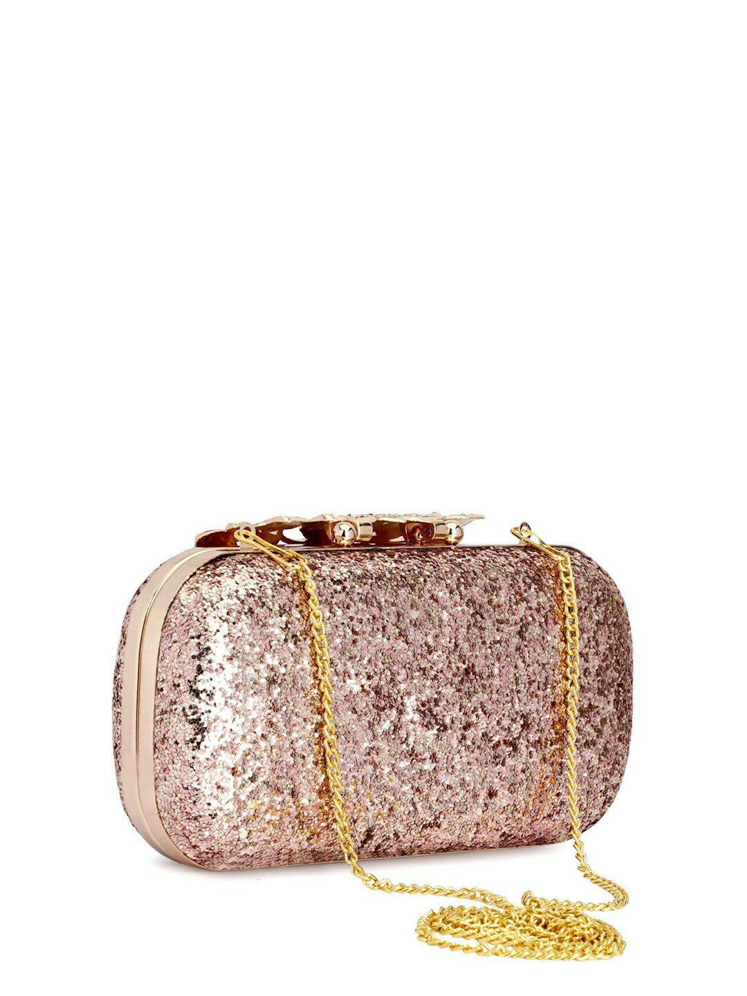 Rose Gold Embellished Box Clutch with Shoulder Strap