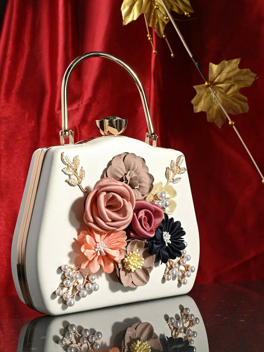 White & Black Embellished Box Clutch with Shoulder Strap