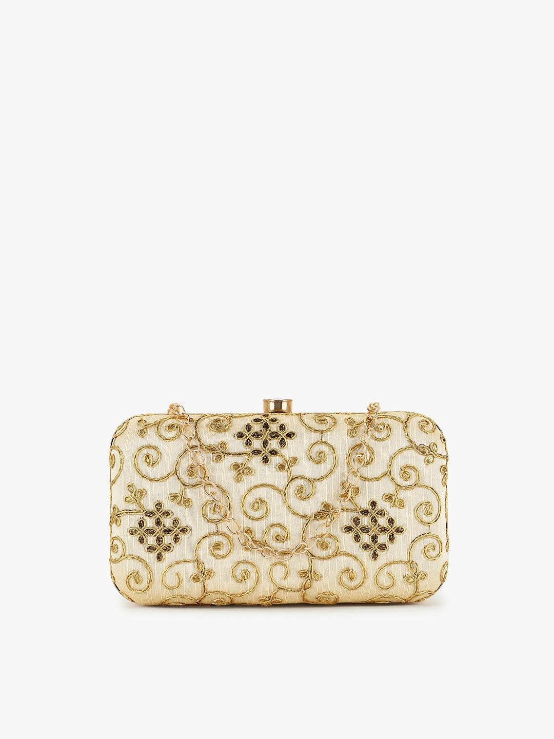 Beige Embroidered Box Clutch – Elegant Party & Wedding Handbag with Shoulder Strap