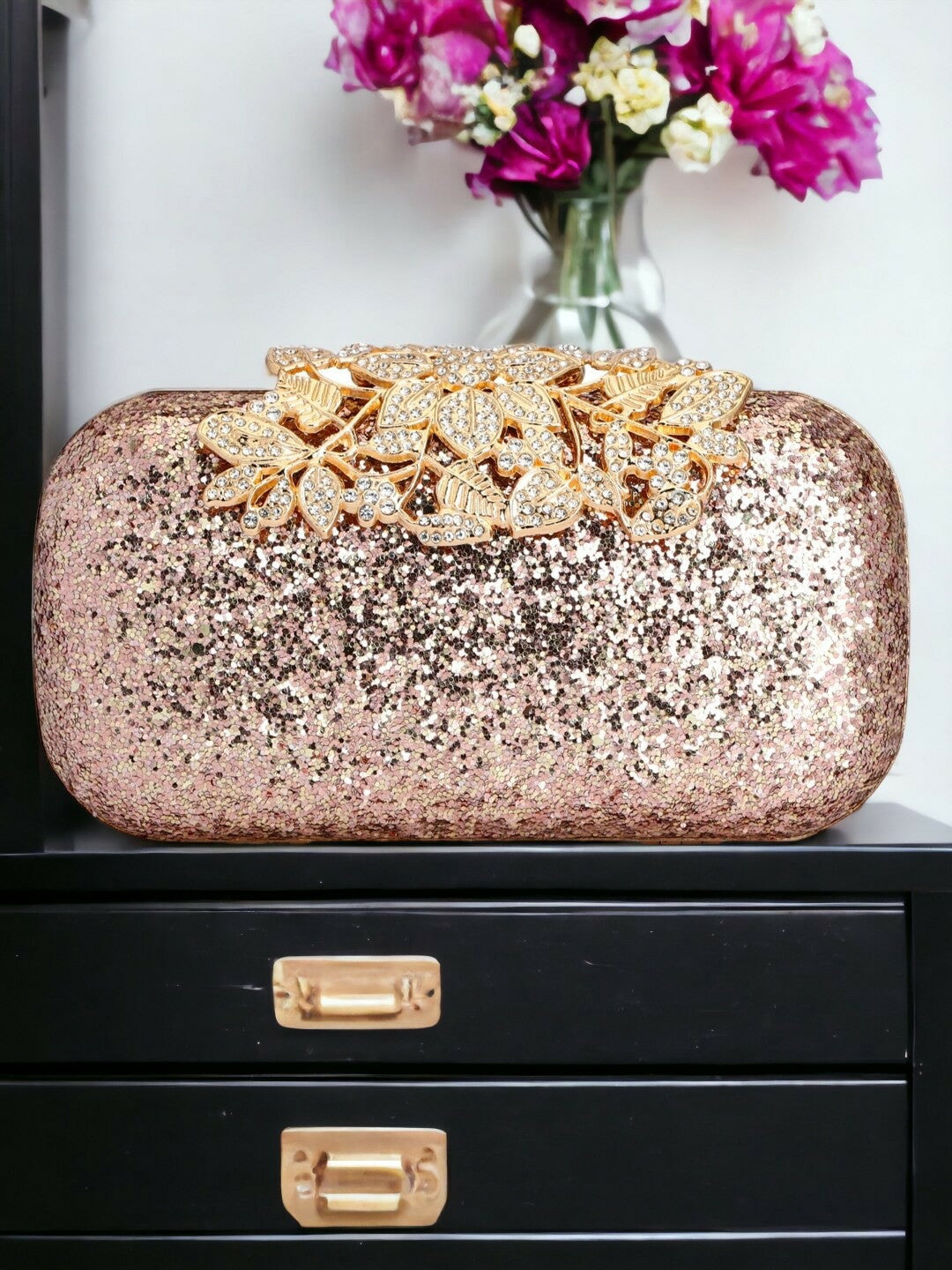 Rose Gold Embellished Box Clutch with Shoulder Strap