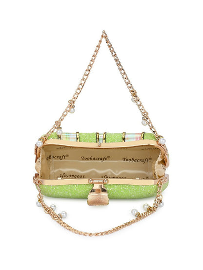 Green & Gold Embellished Box Clutch with Wrist Loop