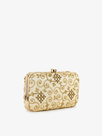 Beige Embroidered Box Clutch – Elegant Party & Wedding Handbag with Shoulder Strap