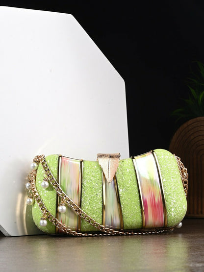 Green & Gold Embellished Box Clutch with Wrist Loop