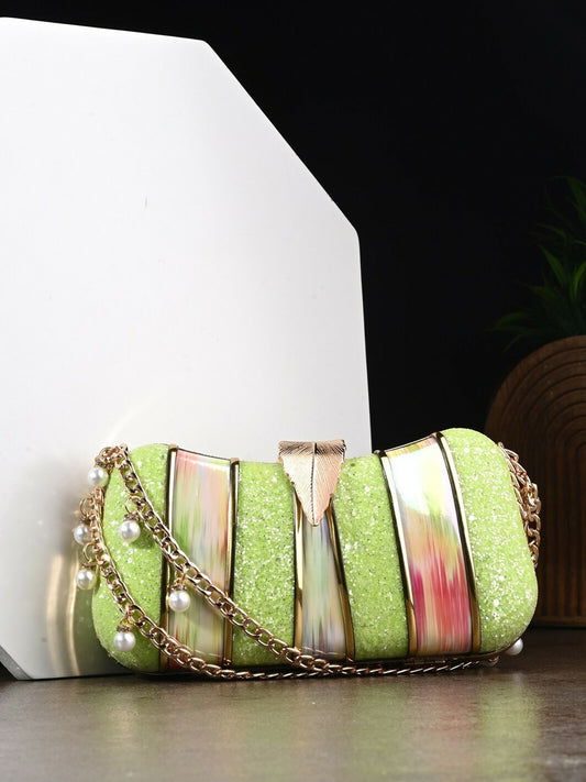 Green & Gold Embellished Box Clutch with Wrist Loop