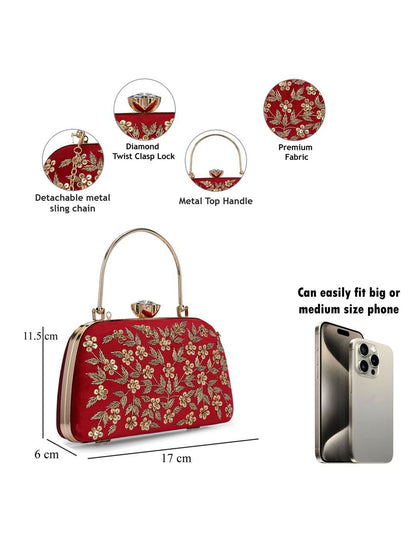 Red Embellished Box Clutch with Strap & Dual Compartments
