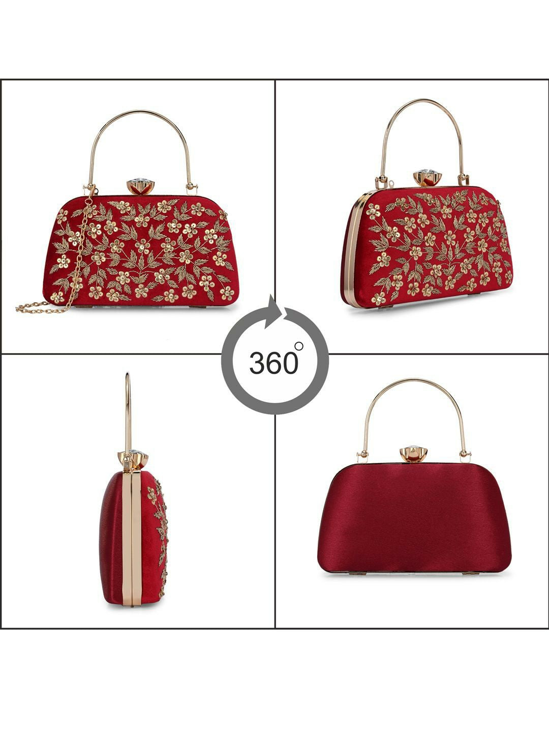 Red Embellished Box Clutch with Strap & Dual Compartments