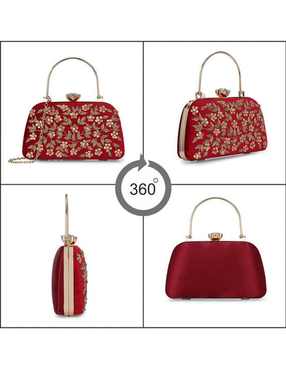 Red Embellished Box Clutch with Strap & Dual Compartments