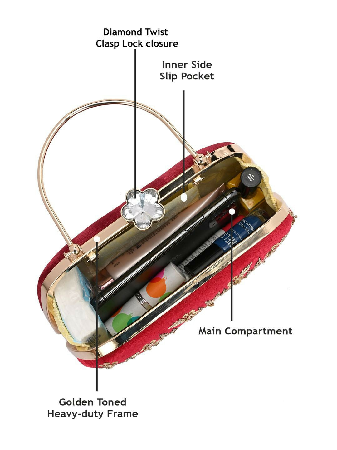 Red Embellished Box Clutch with Strap & Dual Compartments