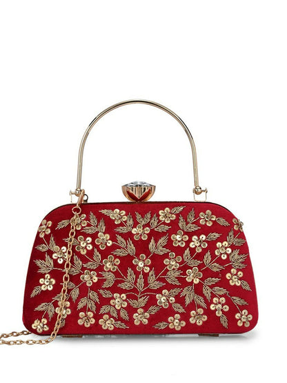 Red Embellished Box Clutch with Strap & Dual Compartments