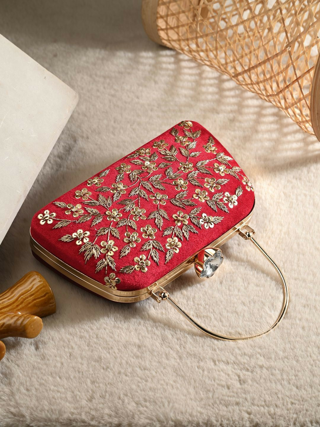 Red Embellished Box Clutch with Strap & Dual Compartments