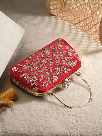 Red Embellished Box Clutch with Strap & Dual Compartments