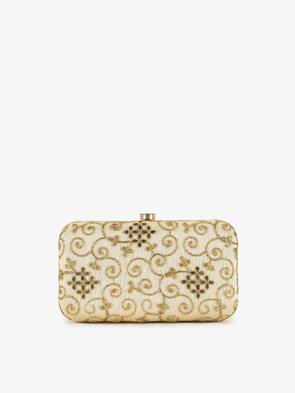 Beige Embroidered Box Clutch – Elegant Party & Wedding Handbag with Shoulder Strap