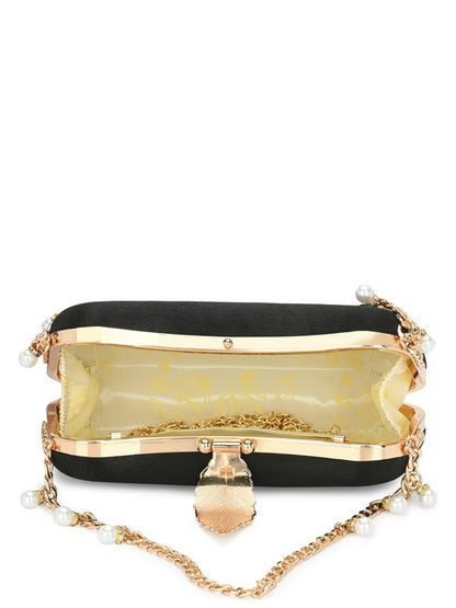 Black & Gold Embellished Box Clutch with Shoulder Strap