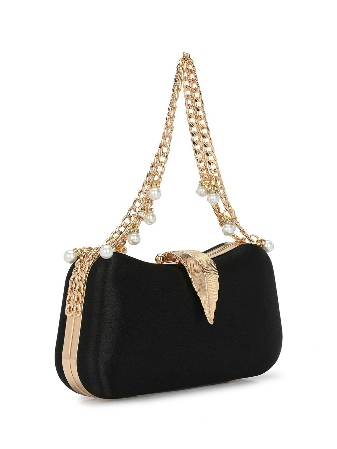 Black & Gold Embellished Box Clutch with Shoulder Strap