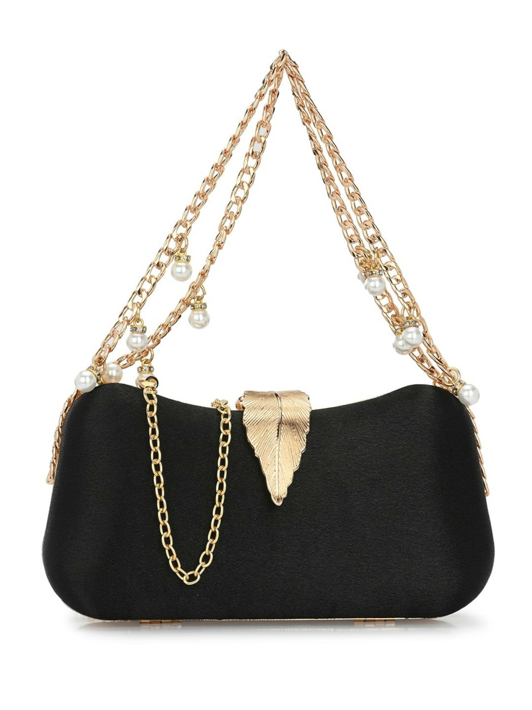 Black & Gold Embellished Box Clutch with Shoulder Strap
