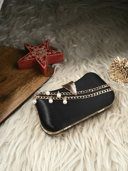 Black & Gold Embellished Box Clutch with Shoulder Strap