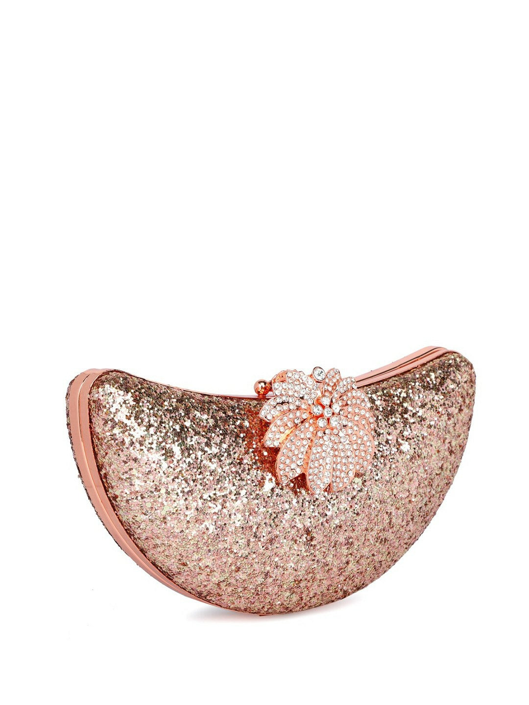 Rose Gold & Silver Embellished Half Moon Clutch with Shoulder Strap