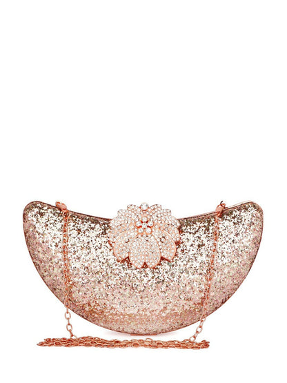 Rose Gold & Silver Embellished Half Moon Clutch with Shoulder Strap