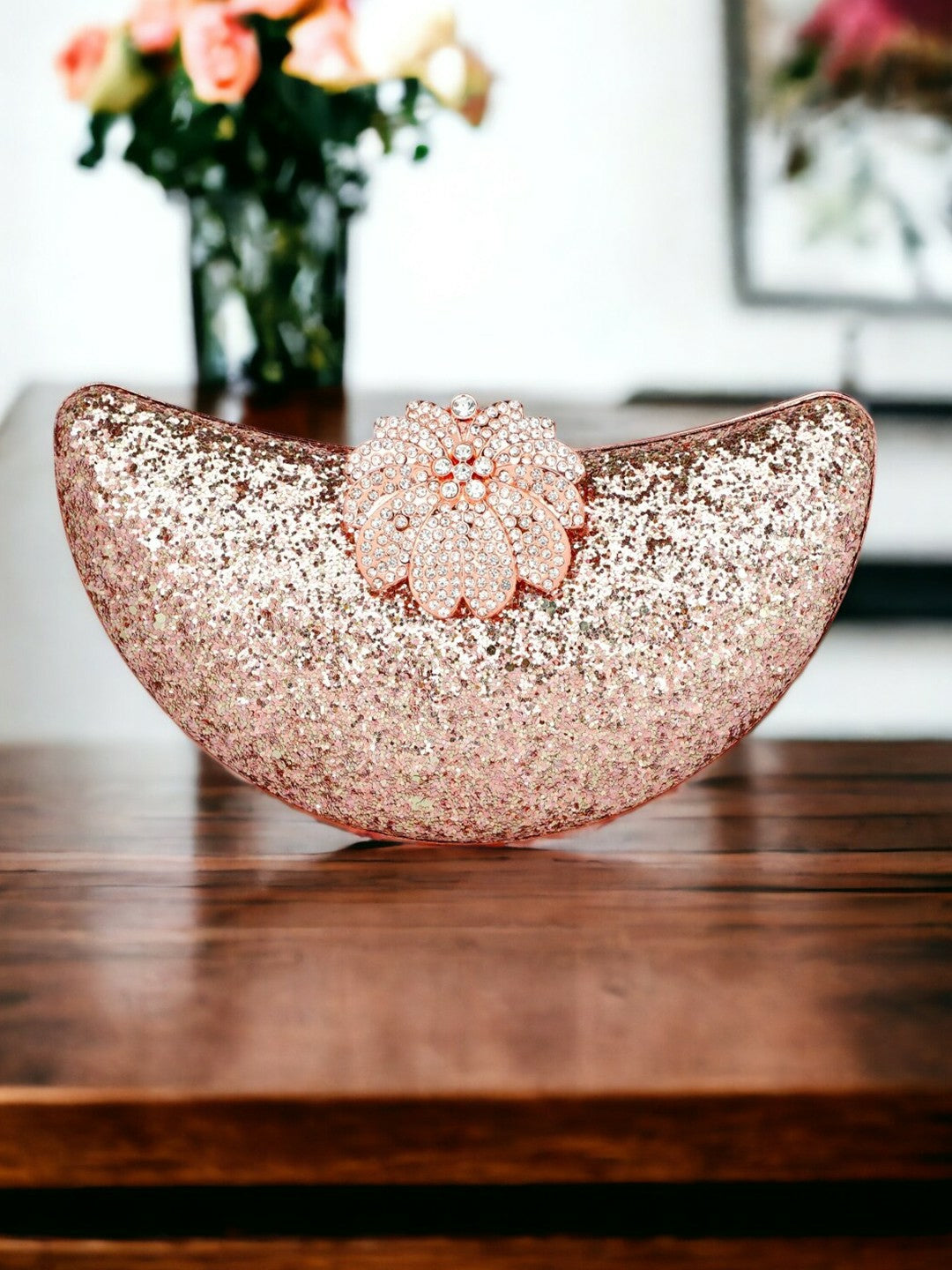 Rose Gold & Silver Embellished Half Moon Clutch with Shoulder Strap