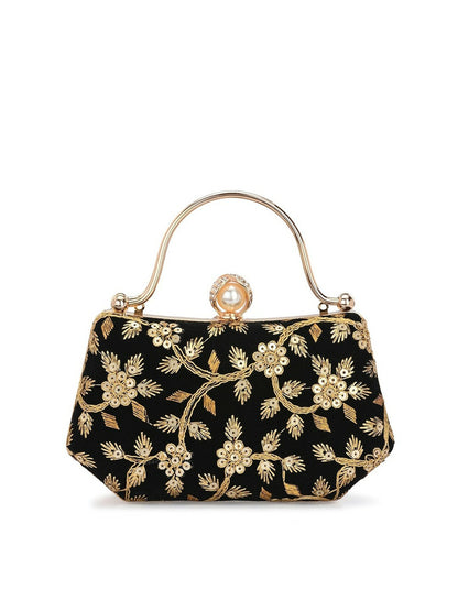 Black & Gold Embellished Box Clutch with Wrist Loop
