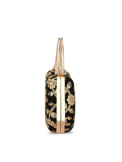 Black & Gold Embellished Box Clutch with Wrist Loop