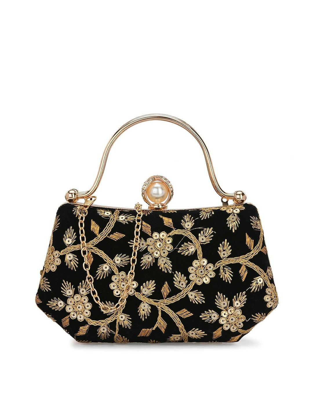 Black & Gold Embellished Box Clutch with Wrist Loop
