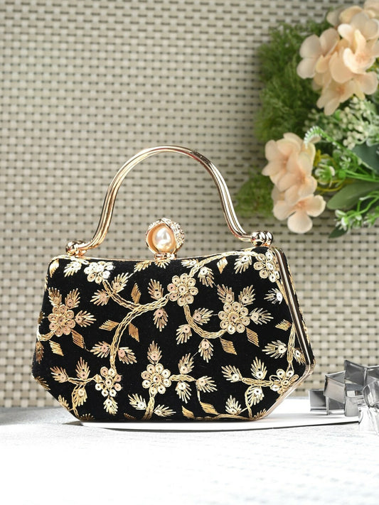 Black & Gold Embellished Box Clutch with Wrist Loop