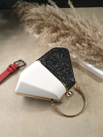 Black & White Colourblocked Embellished Box Clutch