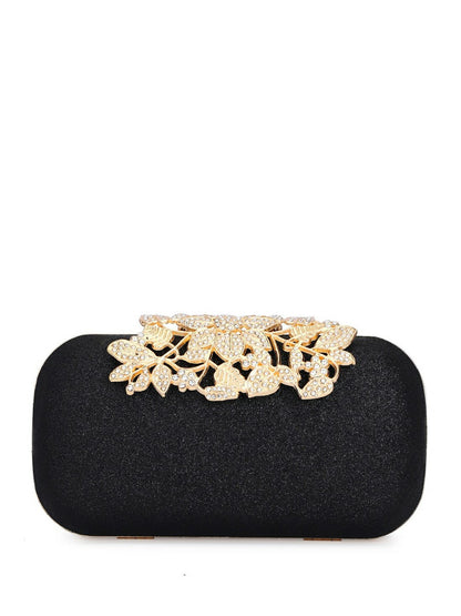 Black & Gold Embellished Box Clutch with Shoulder Strap