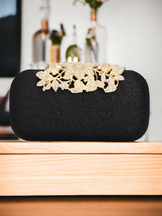 Black & Gold Embellished Box Clutch with Shoulder Strap