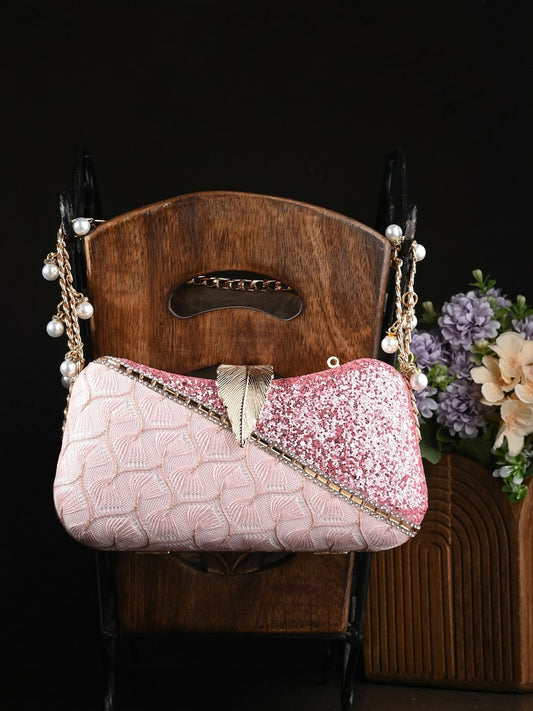 Pink & Gold Embellished Wrist Loop Box Clutch