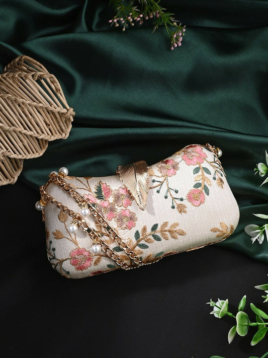 Embellished Cream & Pink Wrist Loop Box Clutch