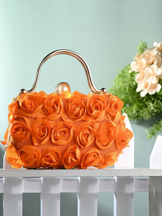 Orange & Gold Embellished Box Clutch with Wrist Loop