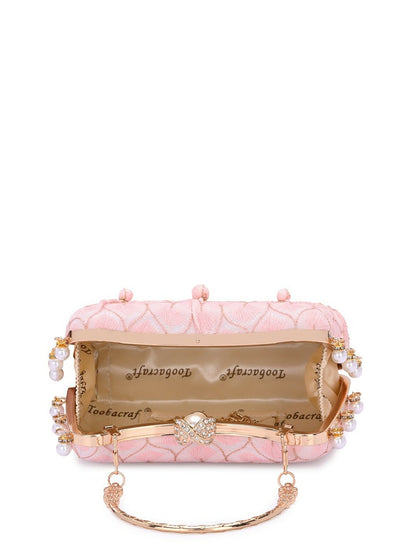 Pink & Gold Textured Embellished Box Clutch with Wrist Strap