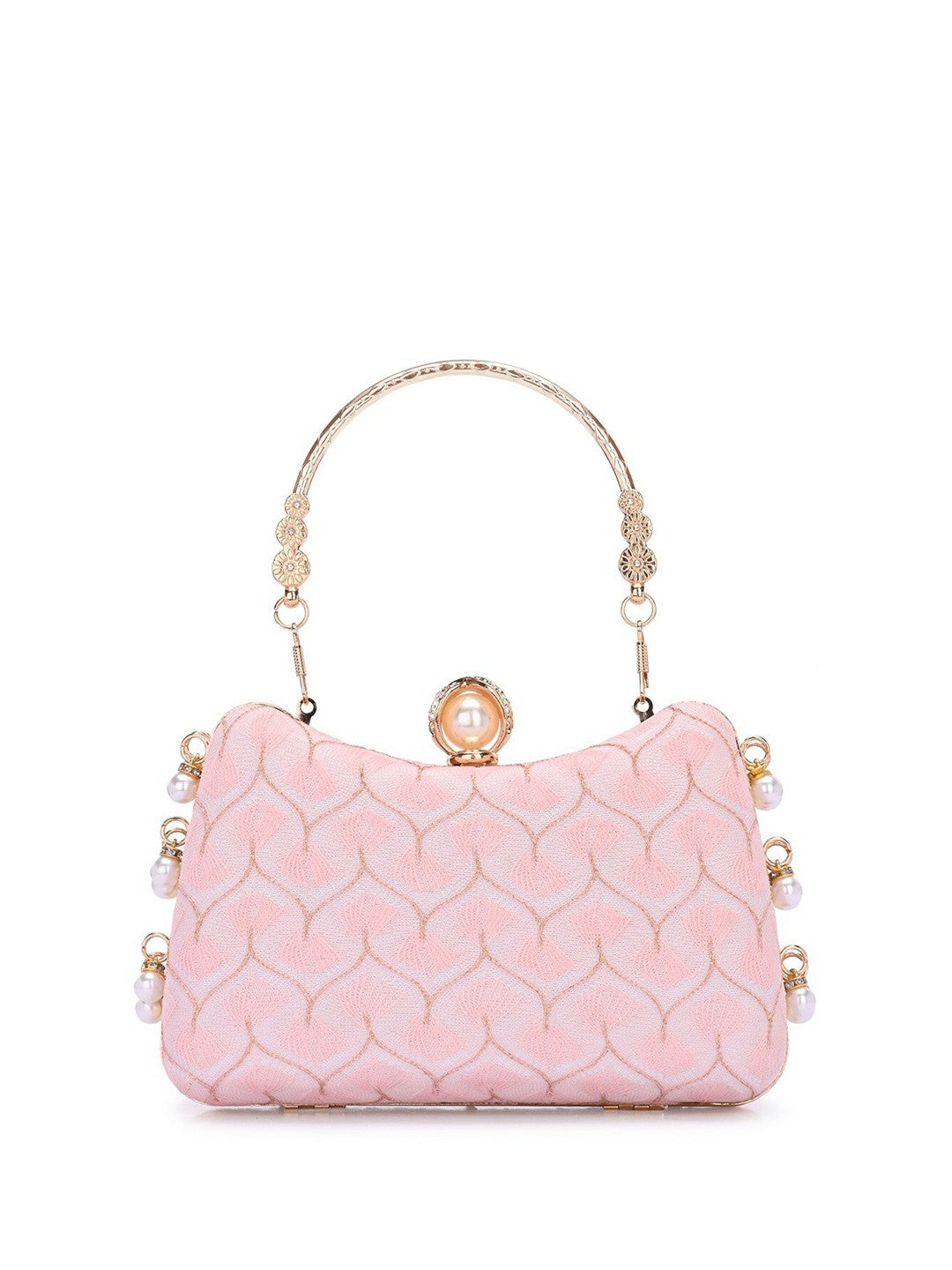 Pink & Gold Textured Embellished Box Clutch with Wrist Strap