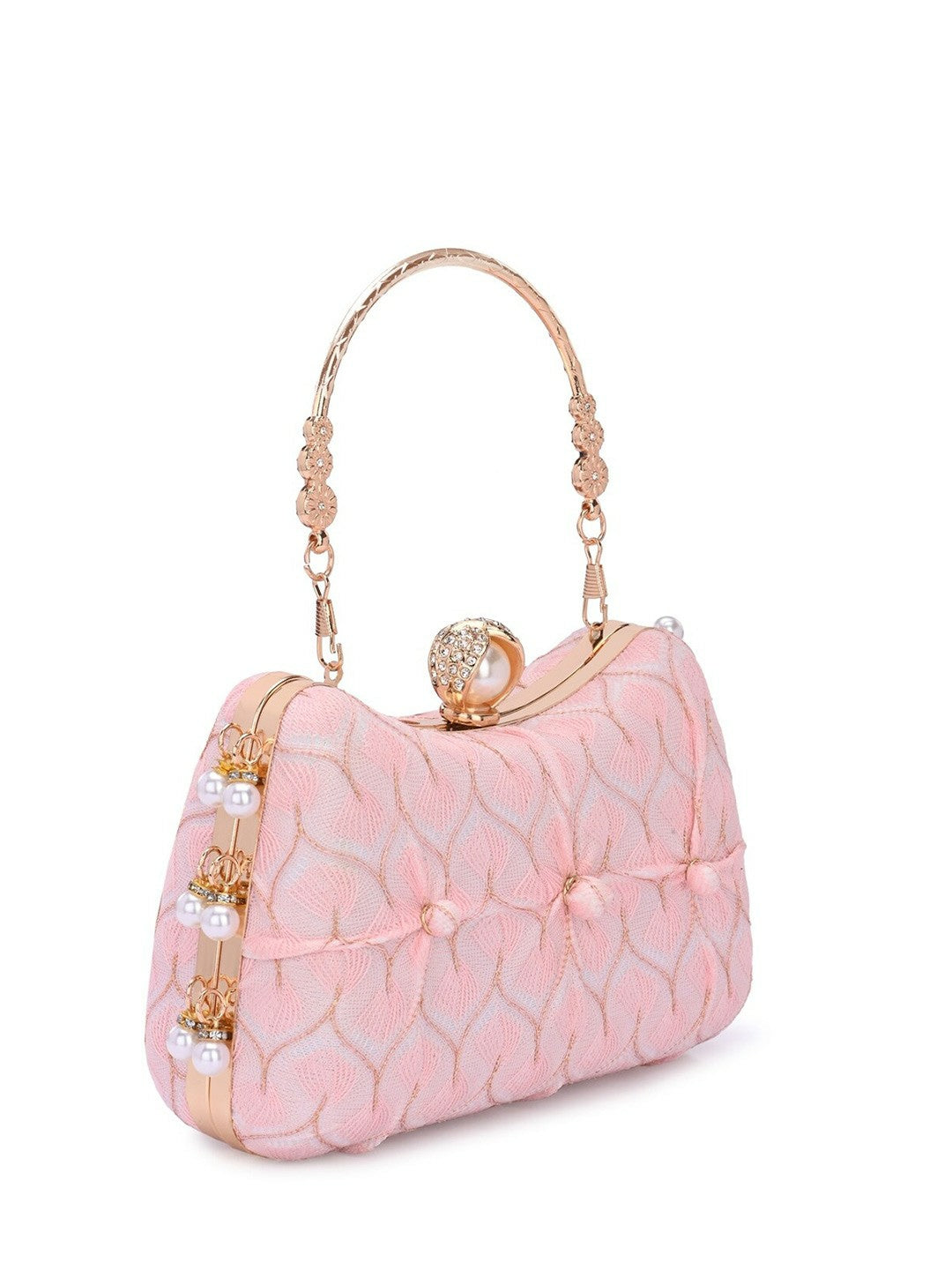 Pink & Gold Textured Embellished Box Clutch with Wrist Strap