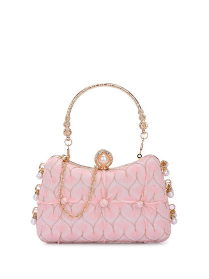 Pink & Gold Textured Embellished Box Clutch with Wrist Strap